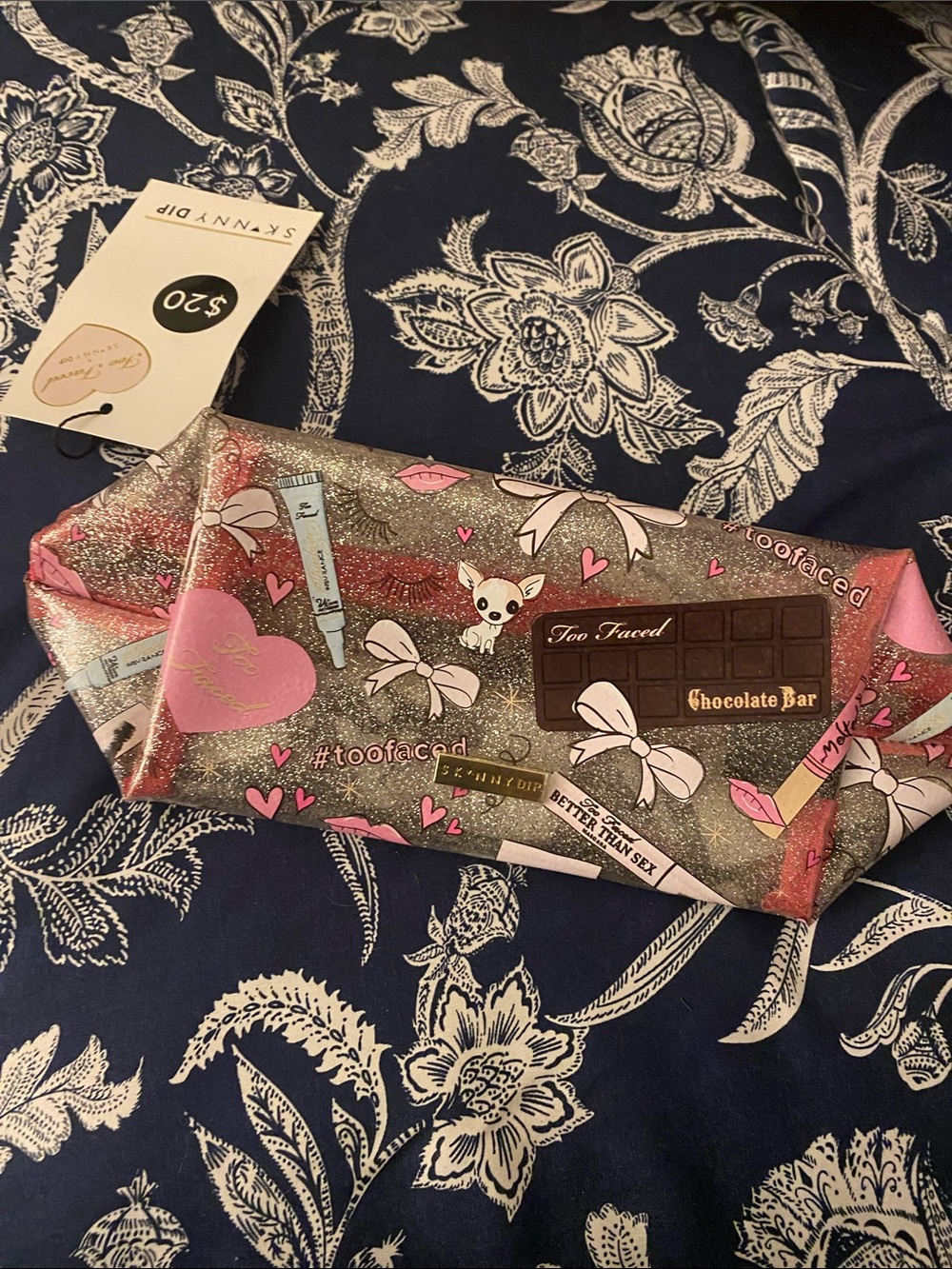 Too Faced Pink Glitter Chocolate Bar Makeup Pouch with Bow & Hearts